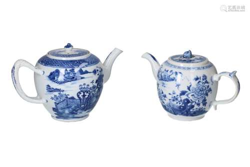 Two blue and white porcelain teapots, decorated with river l...