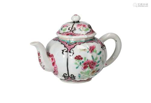 A lobed famille rose teapot with floral decor. Unmarked. Chi...