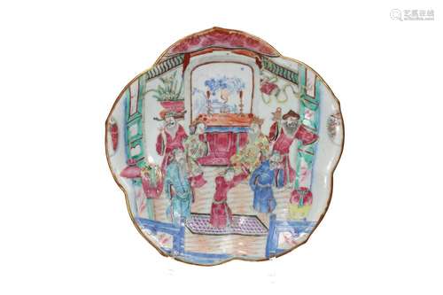 A famille rose porcelain dish on a foot in the shape of a lo...