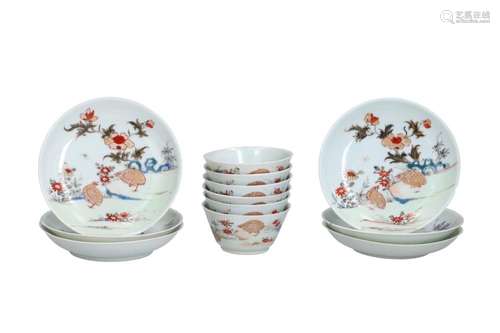 A set of six famille rose porcelain cups and saucers, decora...