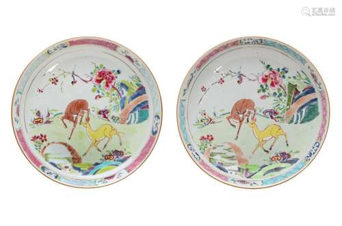 A pair of famille rose porcelain dishes, decorated with deer...