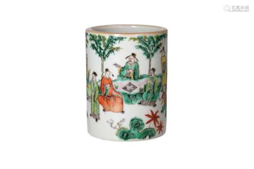 A famille verte porcelain brush pot, decorated with figures....