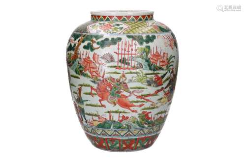 A wucai porcelain jar, decorated with warriors and horses. C...