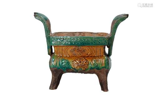 A sancai glazed earthenware senser on four legs and with two...