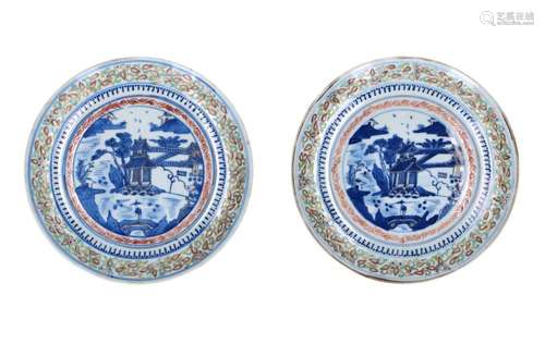 A pair of polychrome porcelain dishes, decorated with pagoda...