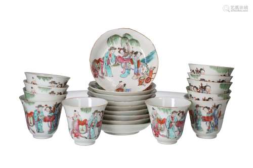 A set of 11 polychrome porcelain cups with nine saucers, dec...