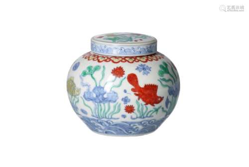 A doucai porcelain lidded jar, decorated with an underwater ...