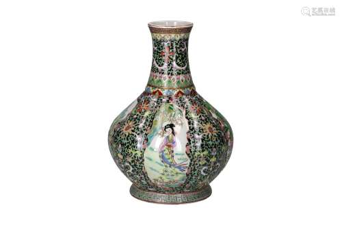 A lobed famille noire porcelain vase, decorated with flowers...