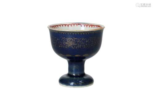 A powder blue porcelain stemcup with gilt decor of water lil...