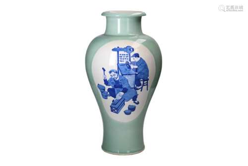 A green glazed vase with blue and white cartouches depicting...