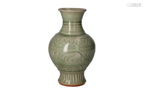 A celadon glazed Longquan vase, decorated with leaves. Unmar...