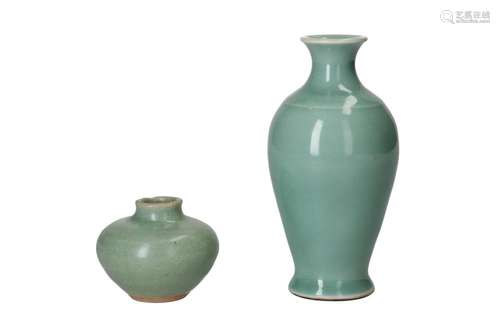 A celadon glazed vase and round jar. Both unmarked. China, 1...