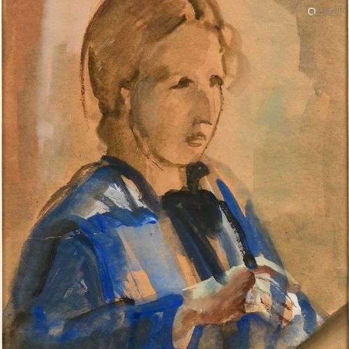 PESTEL VERA (1886/87-1952) Fille en robe bleue Aquarelle et ...