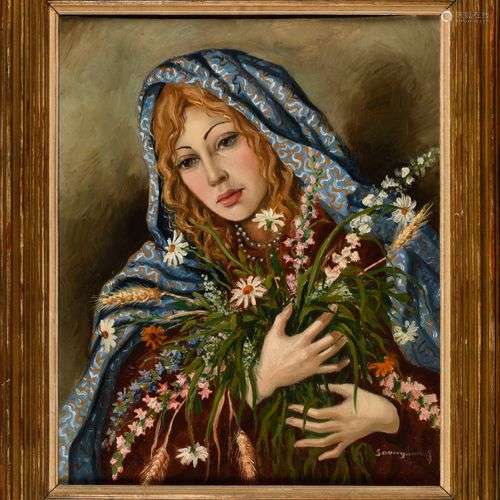 SOUNGOUROV ANTONIN (1894-?) Femme au bouquet Huile sur toile...