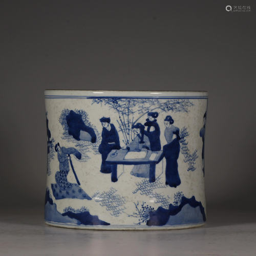 A Blue and white figure pen holder, with Kangxi mark,