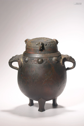 A Chinese bronze vessel, H 19 cm - max, Width 18 cm