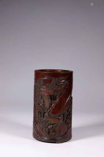 A Chinese bamboo brush pot, with inscriptions H 14,6 cm