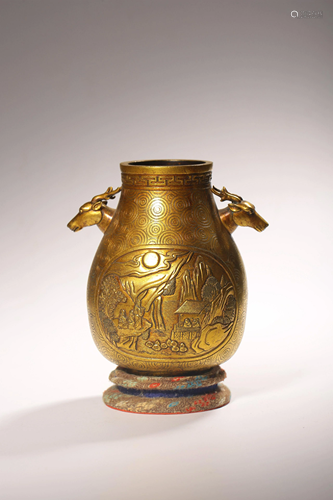 A gilt bronze Hu vessel, paired with deer heads, L 20,5