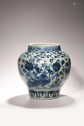 A blue and white Ming style 'phoenix' jar, Width 12 cm