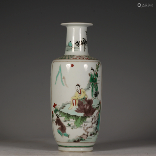 A famille verte rouleau vase, decorated with figures in