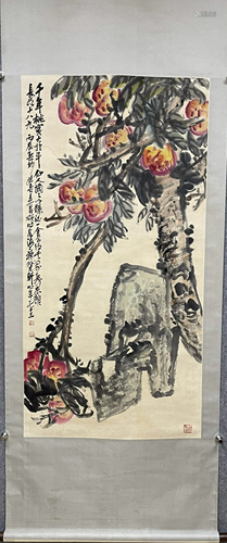 A Chinese scroll, Wu Changshuo Flower, watercolour on