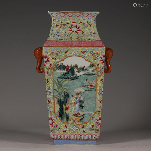 A Famille rose figures squared vase, with Qianlong