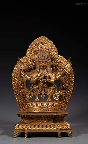 A gilt bronze Buddha in shrine, H 36 cm - Width 19 cm -