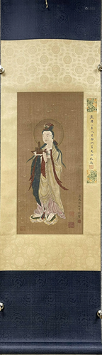 A Chinese scroll, of Liu Songnian Guanyin, watercolour