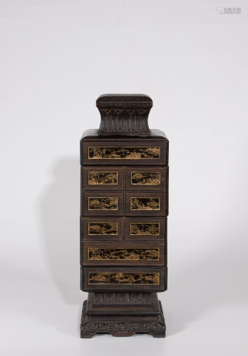 A Chinese carved zitan wood multi-storey jewelry box,