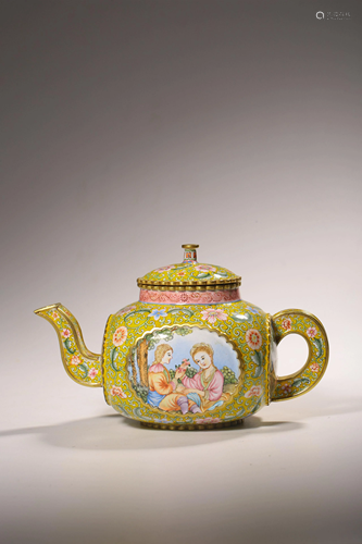 A Canton enamel teapot, decorated with European