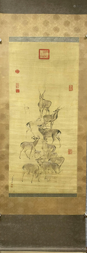 A Chinese scroll, Ai Qimeng Deer, watercolour on silk,