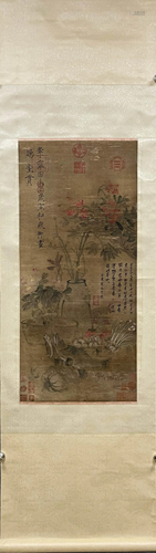 A Chinese scroll, Song Huizong flowers, watercolour on