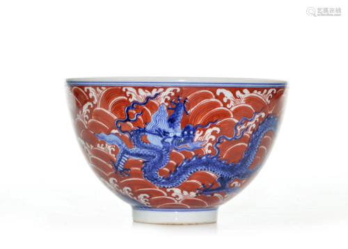 A CHINESE COPPER-RED DRAGON BOWL