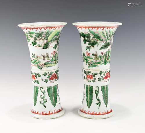 A PAIR OF CHINESE FAMILLE VERTE GU VASES