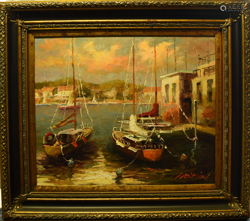 AN OIL PAINTING OF BOATS IN HARBOR