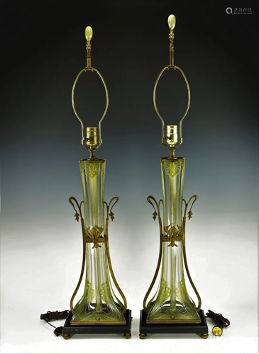 A PAIR OF ART NOUVEAU ETCHED GLASS LAMPS