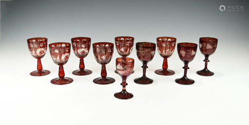 A GROUP OF ANTIQUE RUBY RED WINE SANDWICH GLASS