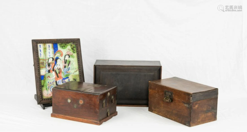 Late Qing-A Group Of Four Wood Box And Mirror