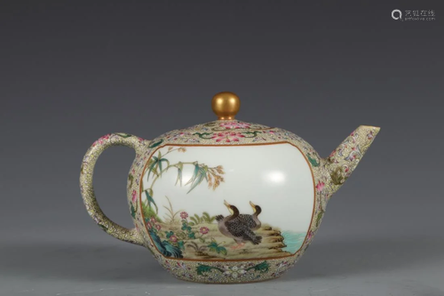 A FAMILLE ROSE OPEN FACE 'BIRDS & FLOWERS' TEAPOT