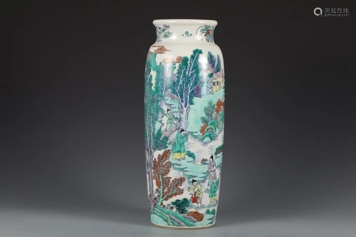 A WUCAI PANORAMIC 'LANDSCAPE' SLEEVE VASE