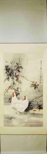 CHINESE PAINTING OF CHICKENS&FLOWERS, HUANG HU…