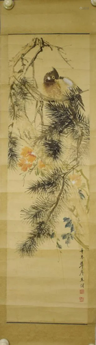 A CHINESE PAINTING OF A PERCHED BIRD, ZHU CHENG