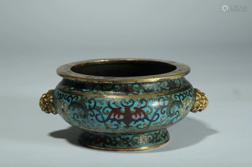 A CLOISONNE ENAMELED LION-EAR CENSER