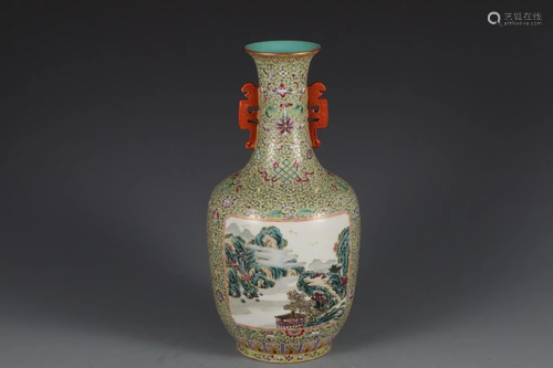 A FAMILLE ROSE OPEN FACE LANDSCAPE PORCELAIN VASE