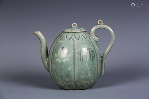 A KOREA CELADON LOTUS-RIDGED PORCELAIN KETTLE