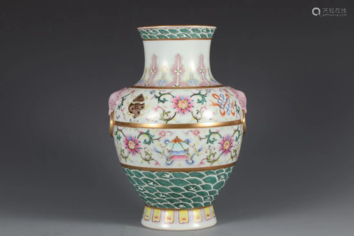 A FAMILLE ROSE DOUBLE-EAR FLORAL ZUN VASE