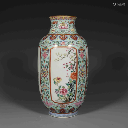 FAMILLE ROSE OPEN FACE FLOWERS LANTERN SHAPED VASE