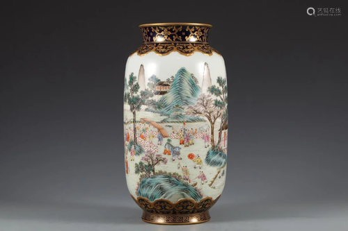 FAMILLE ROSE LANDSCAPE SLEEVE VASE