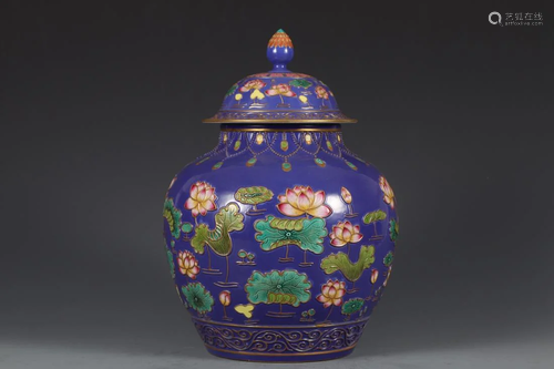 A BLUE GLAZED COLORED-LOTUS JAR WITH LID