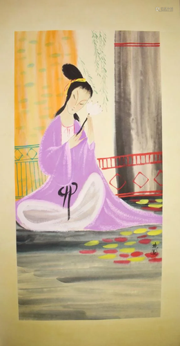 CHINESE PAINTING OF A SITTING GIRL, LIN FENGMIAN